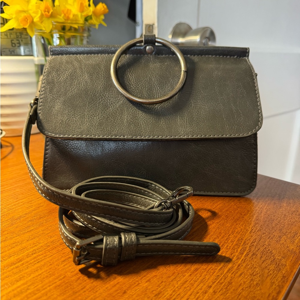 Gray Leather Crossbody Bag with Decorative Metal Ring